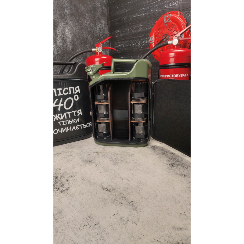 Міні бар каністра зелена на 10л. з чарками і склянками «На 6 склянок» / Сейф для алкоголю в подарунок